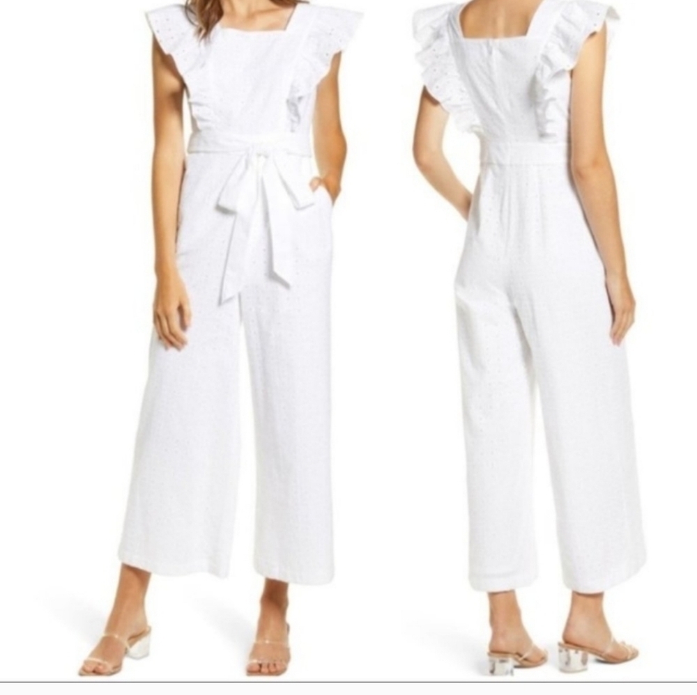 Rachel Parcell Ruffle Sleeve White Waist Tie Jumpsuit XXL